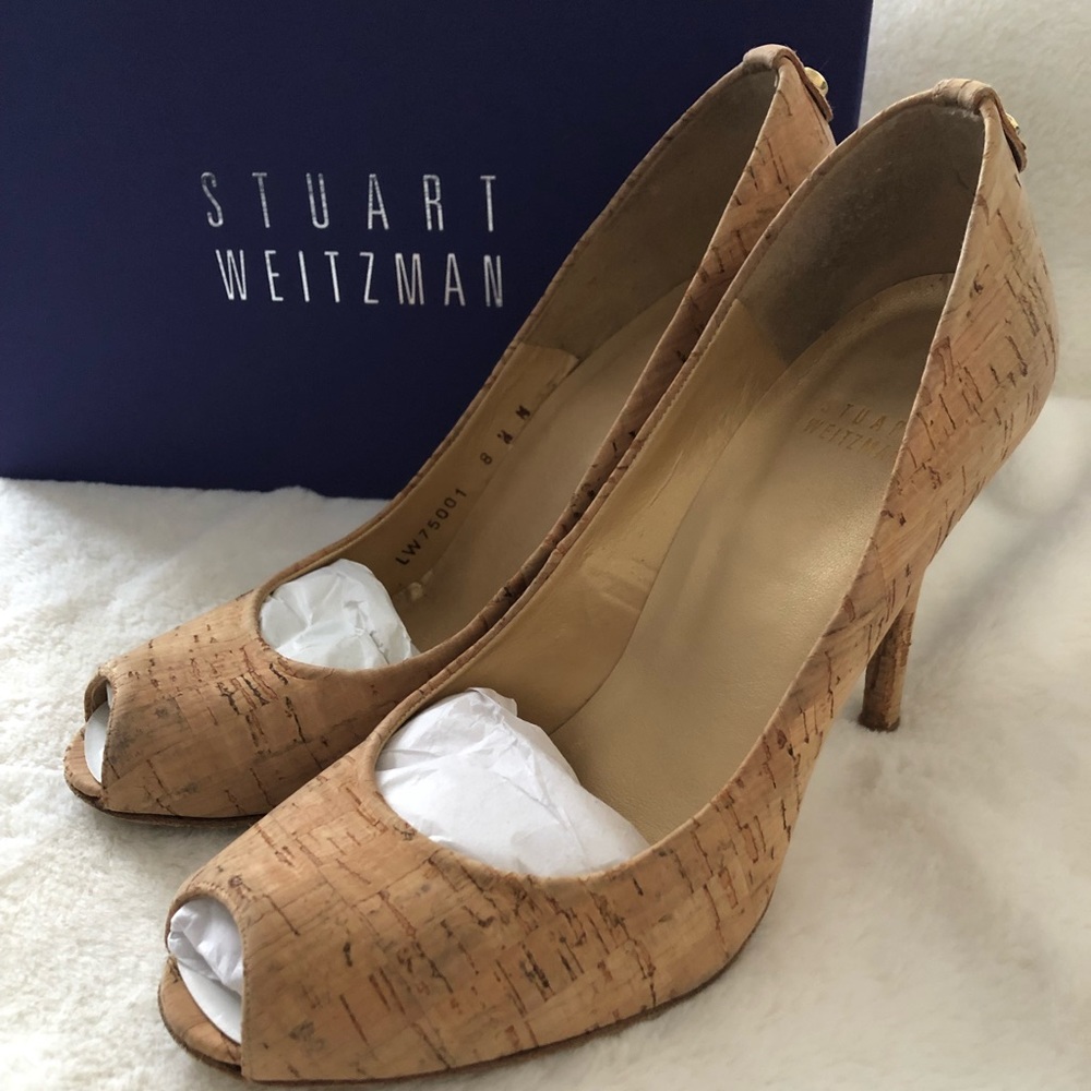 Stuart Weitzman natural cork peep toe heels 8.5